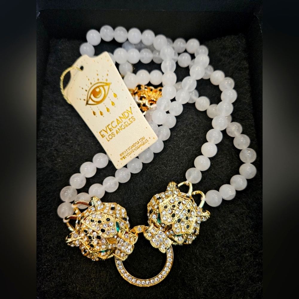 NWT EyeCandy Los Angeles Green Eyed Dual Leopard head Necklace